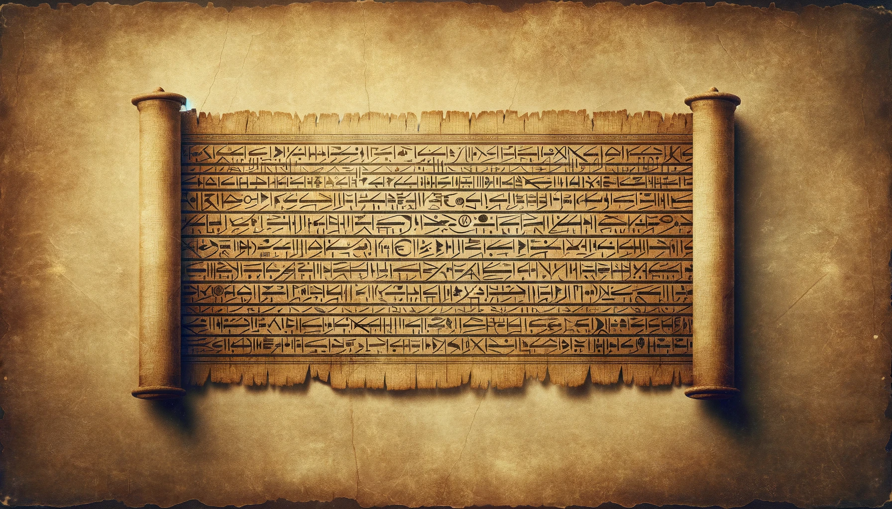 A strip of papyrus crossing the frame, adorned with strange, ancient-looking script. 