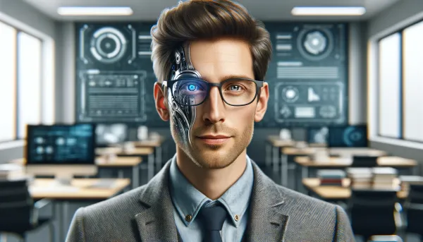 A photo-realistic depiction of a scholarly professor with a high-tech cybernetic eye implant.